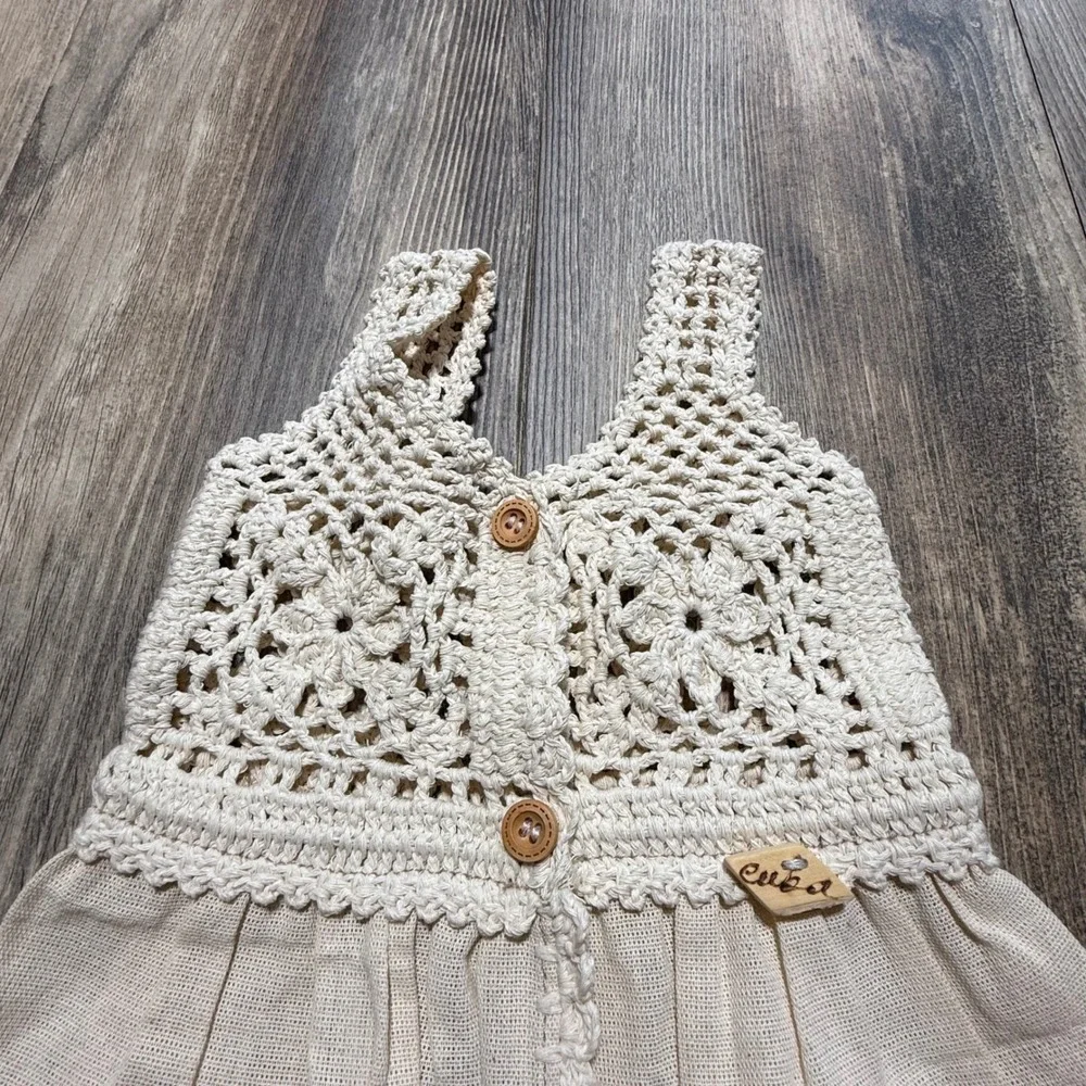 Cottagecore Cuba Crochet Bodice Dress Cream Linen Boho Whimsical